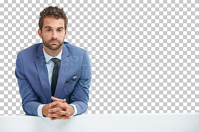 Buy stock photo Business man, portrait and serious with professional in suit isolated on transparent png background. Career, CEO and male person with power, corporate boss and leaning against wall with confidence