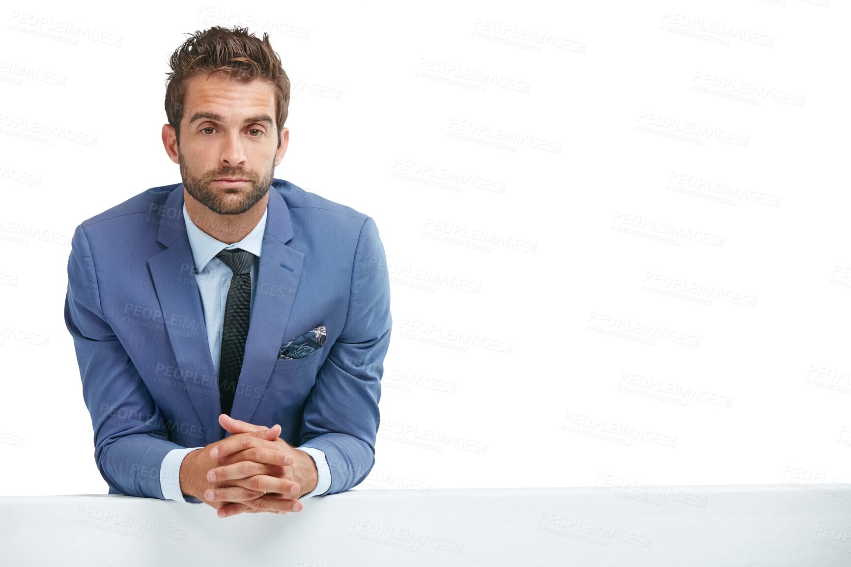 Buy stock photo Business man, portrait and serious with professional in suit isolated on transparent png background. Career, CEO and male person with power, corporate boss and leaning against wall with confidence