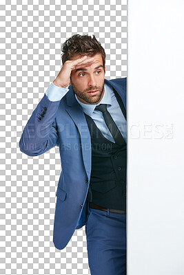 Buy stock photo Peeking, business and man with a wall, formal and opportunity isolated against a transparent background. Male person, employee and entrepreneur looking with png, career and professional with growth