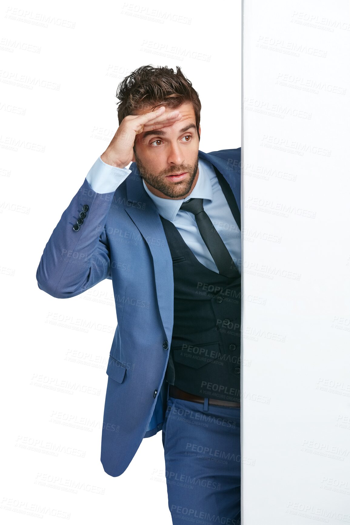 Buy stock photo Peeking, business and man with a wall, formal and opportunity isolated against a transparent background. Male person, employee and entrepreneur looking with png, career and professional with growth