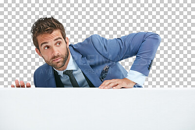 Buy stock photo Business man climbing a wall on isolated, png and transparent background with worry, alert and anxious. Professional, corporate and worried male person climb on obstacle to hide from finance debt