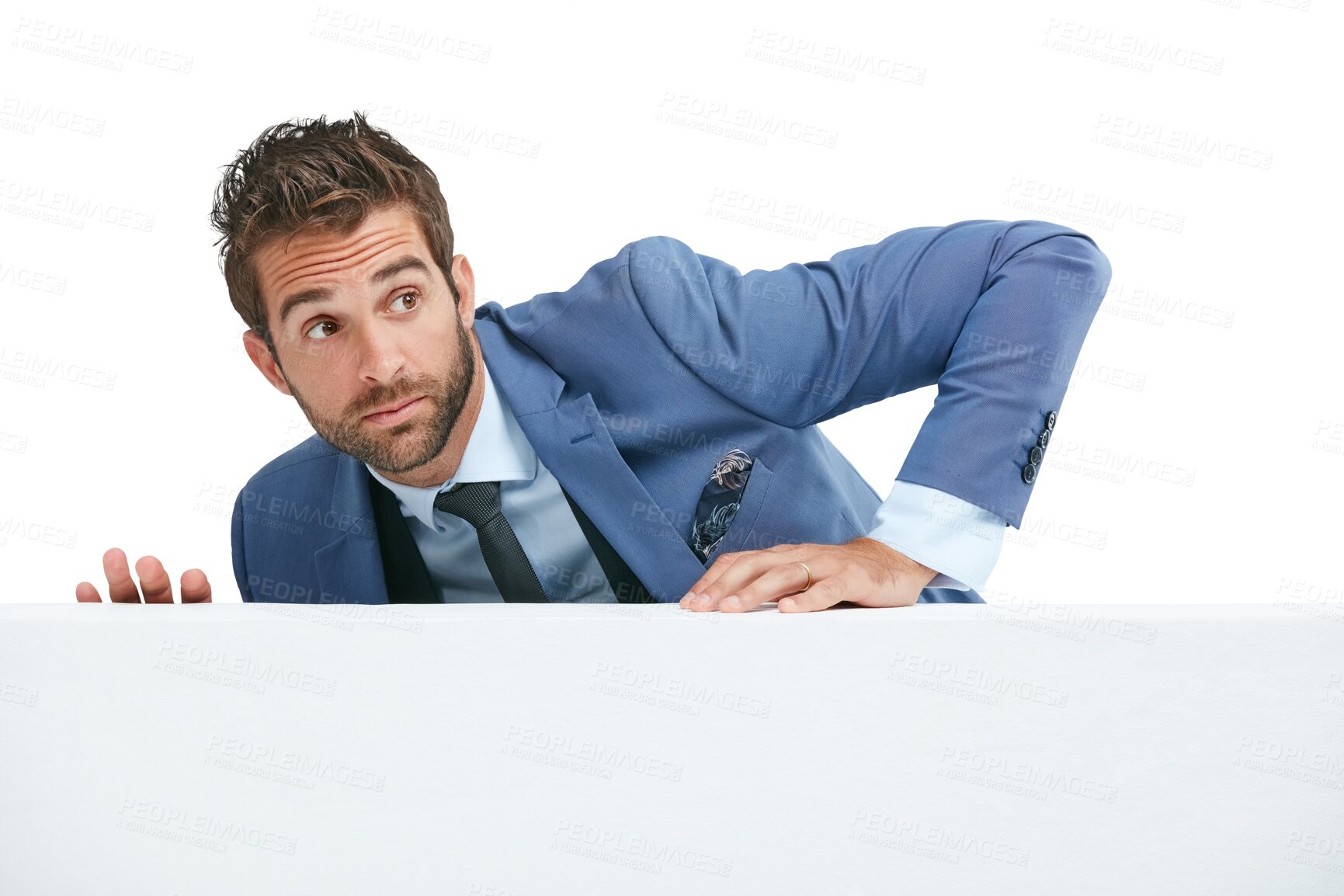 Buy stock photo Business man climbing a wall on isolated, png and transparent background with worry, alert and anxious. Professional, corporate and worried male person climb on obstacle to hide from finance debt