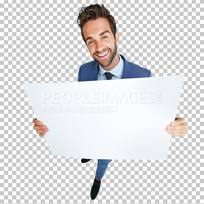 Buy stock photo Portrait, mockup space or happy businessman with billboard for advertising for logo, news or announcement. Smile, banner or entrepreneur with a marketing sign isolated on transparent png background