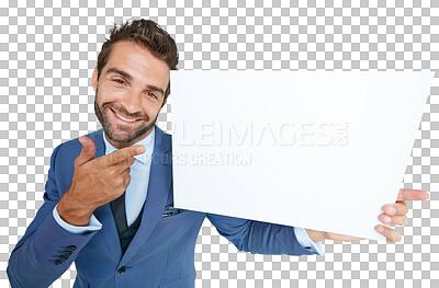 Buy stock photo Portrait, pointing or happy businessman with poster for advertising for logo, news or announcement. Mockup space, banner or entrepreneur with a marketing board isolated on transparent png background