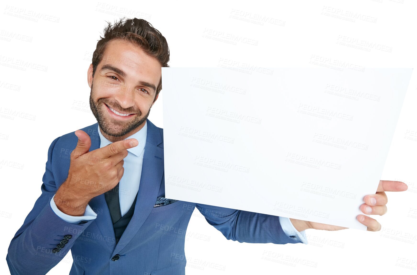 Buy stock photo Portrait, pointing or happy businessman with poster for advertising for logo, news or announcement. Mockup space, banner or entrepreneur with a marketing board isolated on transparent png background