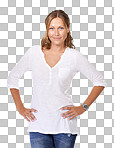 A young woman smiling at the camera with her hand on her hip isolated on a png background