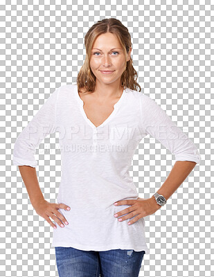 Buy stock photo Casual, fashion and portrait of woman on transparent background for trendy, fresh and confidence. Pride, cool and natural with female person isolated on png for attractive, elegant and style