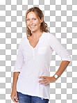 A happy young woman standing with her hand on her hip against a isolated on a png background