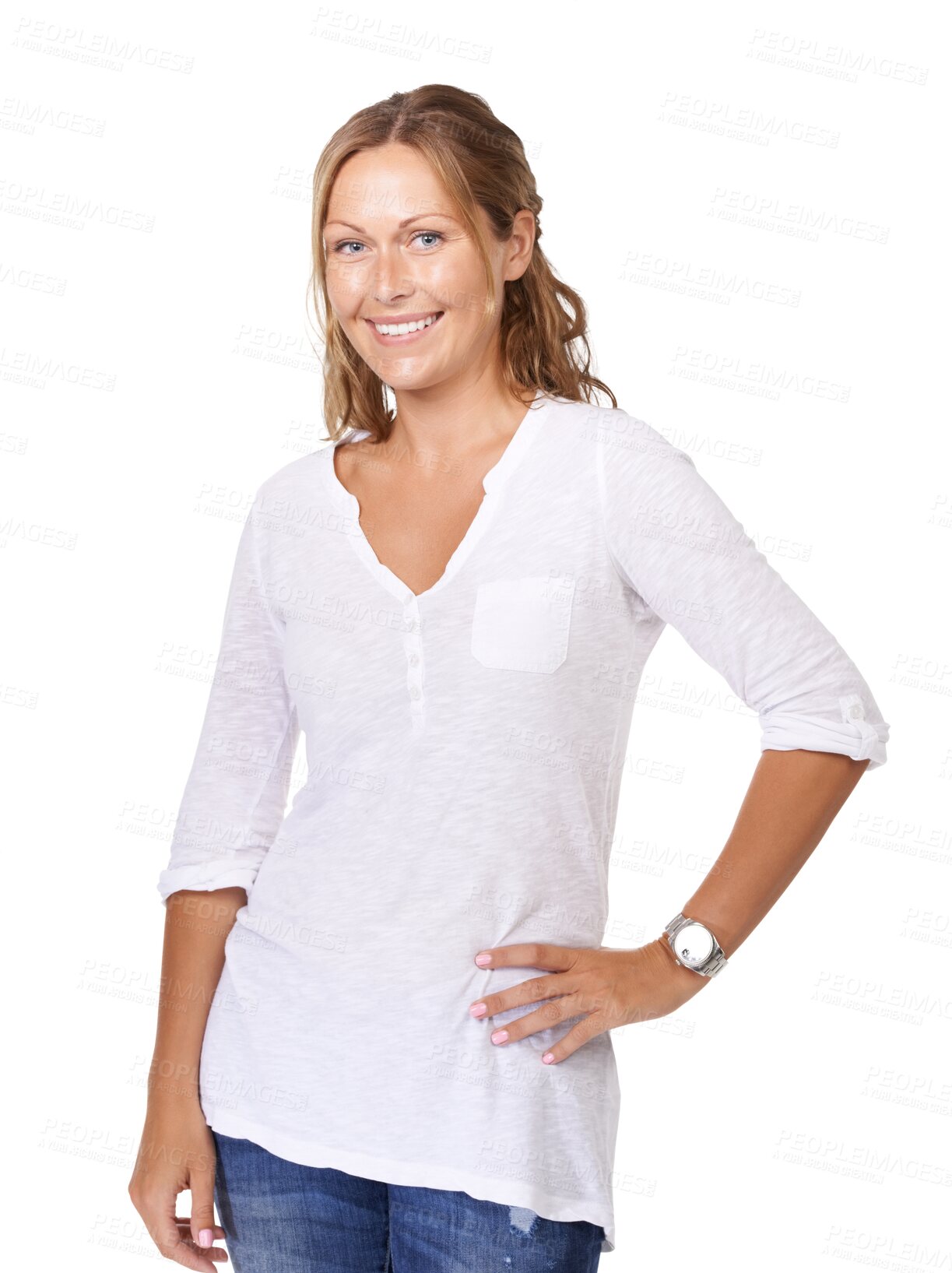 Buy stock photo Woman posing in portrait, smile and fashion with happy person isolated on transparent png background. Irish female model in casual clothes, style and white cotton t-shirt, positive and confidence