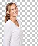 A young woman standing and smiling at the camera isolated on a png background