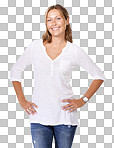 A young woman smiling at the camera with her hand on her hip isolated on a png background