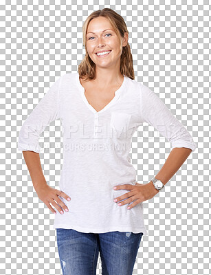 Buy stock photo Happy, fashion and portrait of woman on transparent background for trendy, fresh and confidence. Pride, cool and natural with female person isolated on png for attractive, elegant and style