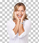 A young woman looking surprised with her hands touching her cheeks isolated on a png background