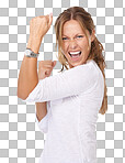 A young woman doing a fist pump in an expression of victory isolated on a png background