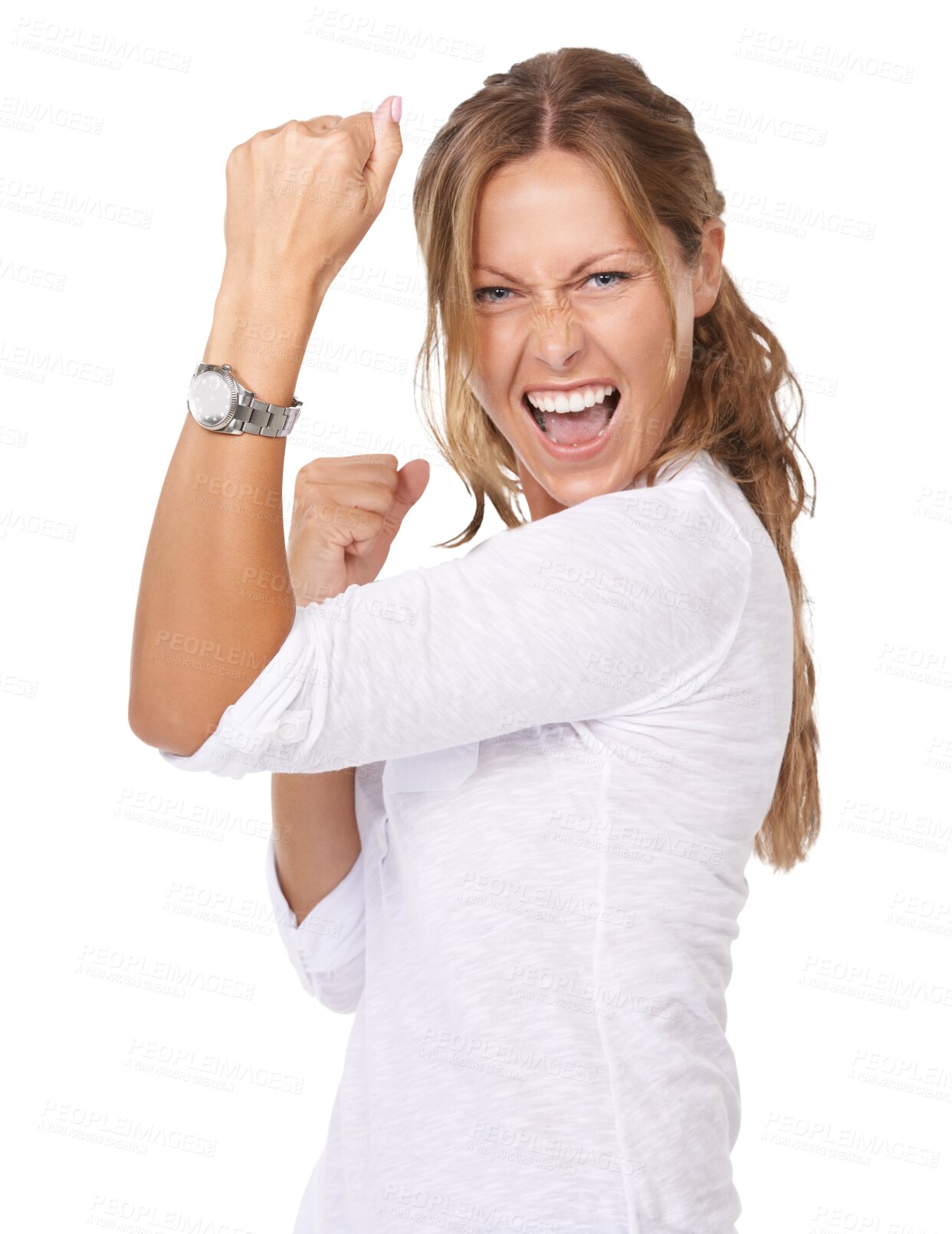 Buy stock photo Portrait, fist and woman winning, celebration and model isolated against a transparent background. Victory, female person and lady excited, achievement and prize giveaway with png, bonus and success