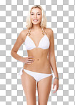 A pretty young blond woman wearing a bikini while isolated on a png background