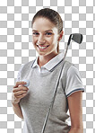 Studio shot of a young golfer holding a golf ball and iron club isolated on png background