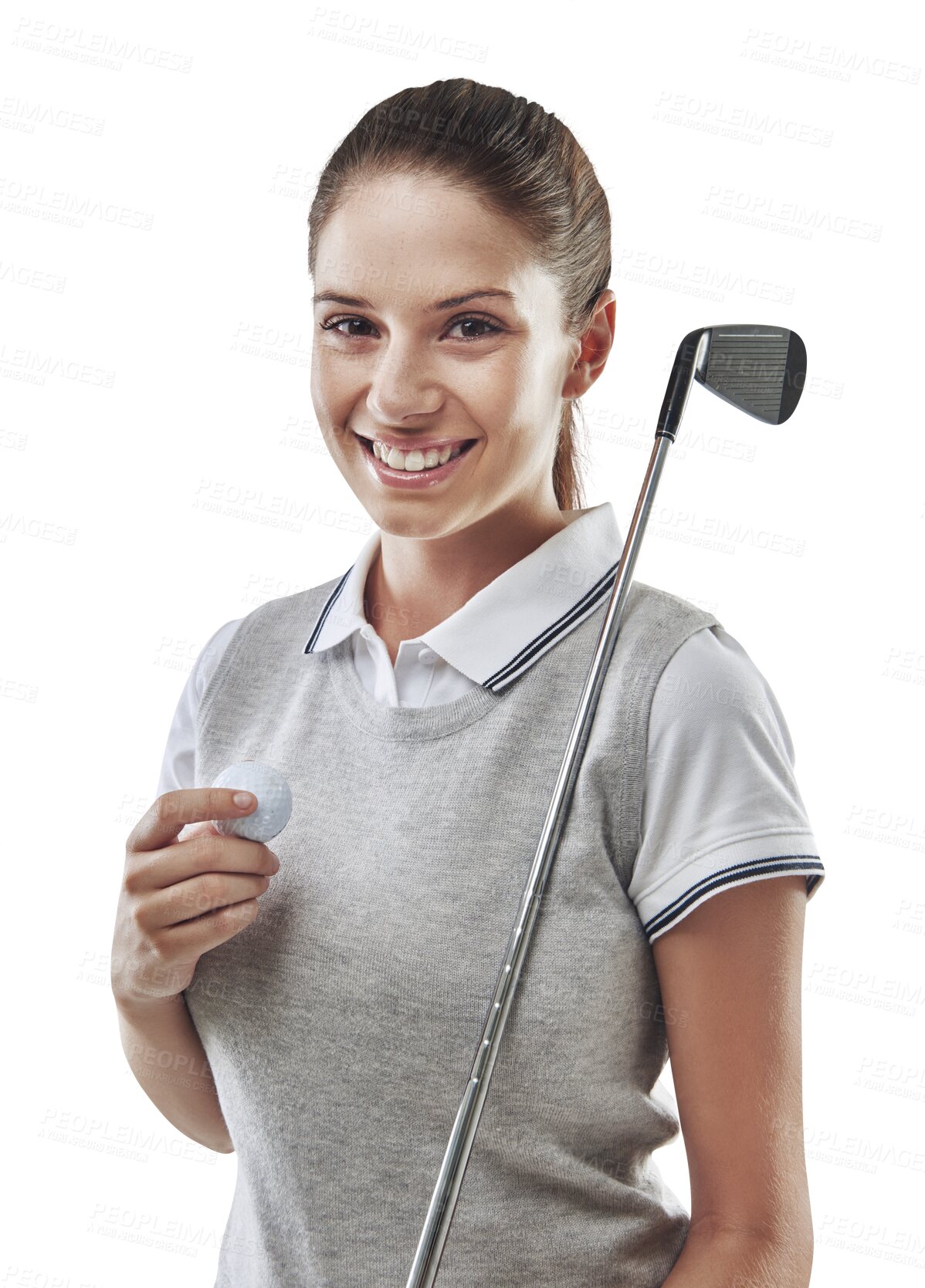 Buy stock photo Portrait, golf ball and happy woman for sports, training and competition isolated on transparent png background. Sport, golfing and professional player, person or athlete model for game or club