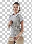 Studio shot of a young golfer holding a golf ball and iron club isolated on png background