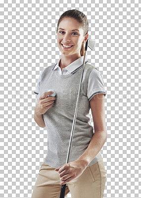 Buy stock photo Portrait, smile and woman with fitness, golfer and athlete isolated against a transparent background. Happy, female person and player with golfing equipment, png and exercise with health and game