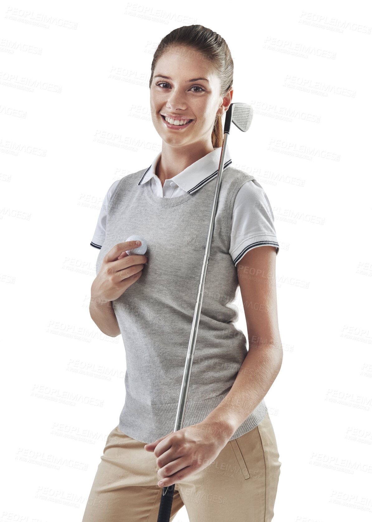 Buy stock photo Portrait, smile and woman with fitness, golfer and athlete isolated against a transparent background. Happy, female person and player with golfing equipment, png and exercise with health and game