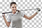 Studio shot of a young golfer holding a golf club behind her back isolated on png background