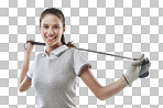 Studio shot of a young golfer holding a golf club behind her back isolated on png background