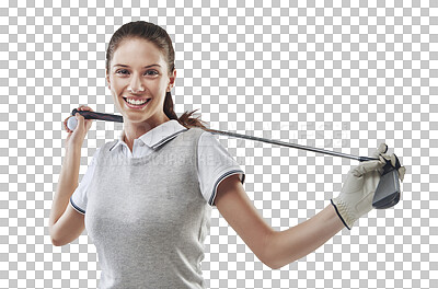 Buy stock photo Happy, smile and portrait of female athlete with golf club for sports tournament, game or competition. Fitness, young and confident woman golfer with equipment isolated by transparent png background.