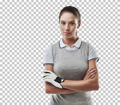 Buy stock photo Golf, sports and arms crossed with portrait of woman on transparent background for fitness, competition and game. Hobby, championship and exercise with person isolated on png for golfer and athlete