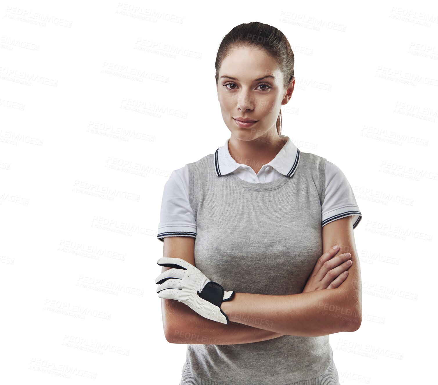 Buy stock photo Golf, sports and arms crossed with portrait of woman on transparent background for fitness, competition and game. Hobby, championship and exercise with person isolated on png for golfer and athlete