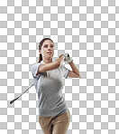 Studio shot of a young golfer practicing her swing isolated on png background