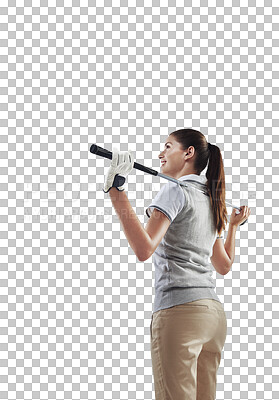 Buy stock photo Back, thinking and woman with a smile, golf and sports game isolated on a transparent background. Female person, player and golfer with planning, vision and active with png, hobby and recreation