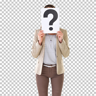 Buy stock photo Question mark, woman with doubt and ask poster isolated on a transparent, png background. Female person, confused emoji billboard and thinking paper with interrogation gesture holding a why sign