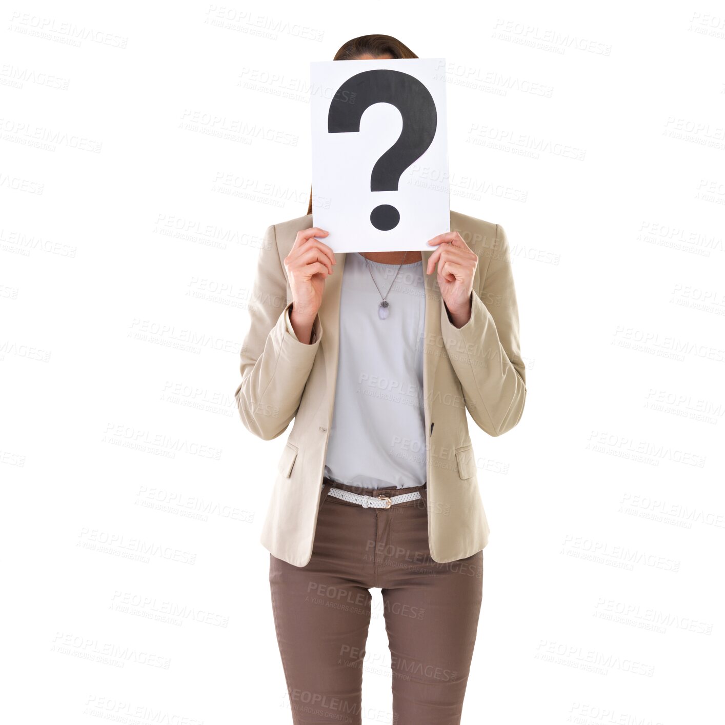 Buy stock photo Question mark, woman with doubt and ask poster isolated on a transparent, png background. Female person, confused emoji billboard and thinking paper with interrogation gesture holding a why sign