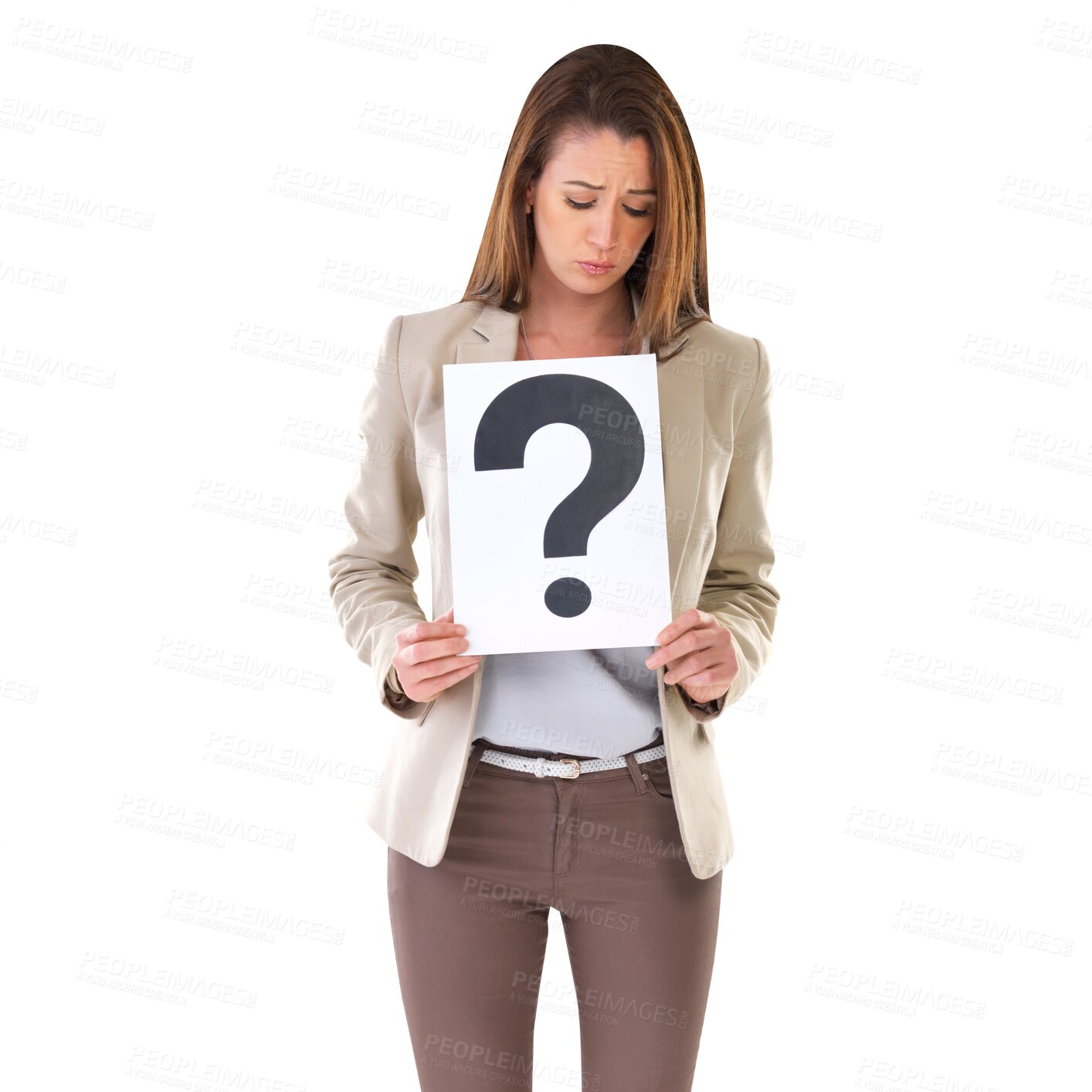 Buy stock photo Question mark, sad woman with doubt and ask poster isolated on a transparent, png background. Female person, confused emoji placard and thinking paper with interrogation faq and why sign problem