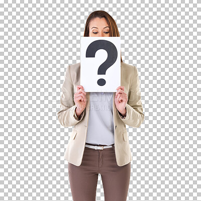 Buy stock photo Question mark, poster and paper with woman with doubt isolated on a transparent, png background. Young female, emoji sign board and curious professional for FAQ, confused and looking for solution