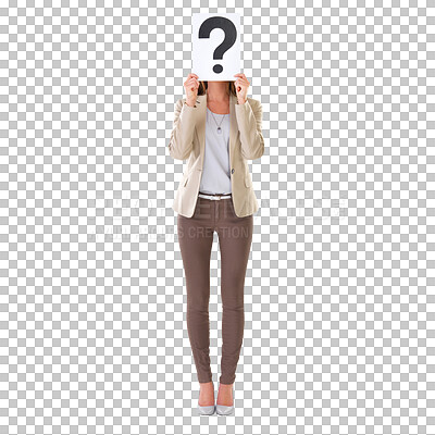 Buy stock photo Question mark, mystery woman with doubt and ask poster isolated on a transparent, png background. Female person, confused emoji for FAQ and thinking paper with interrogation secret and why sign