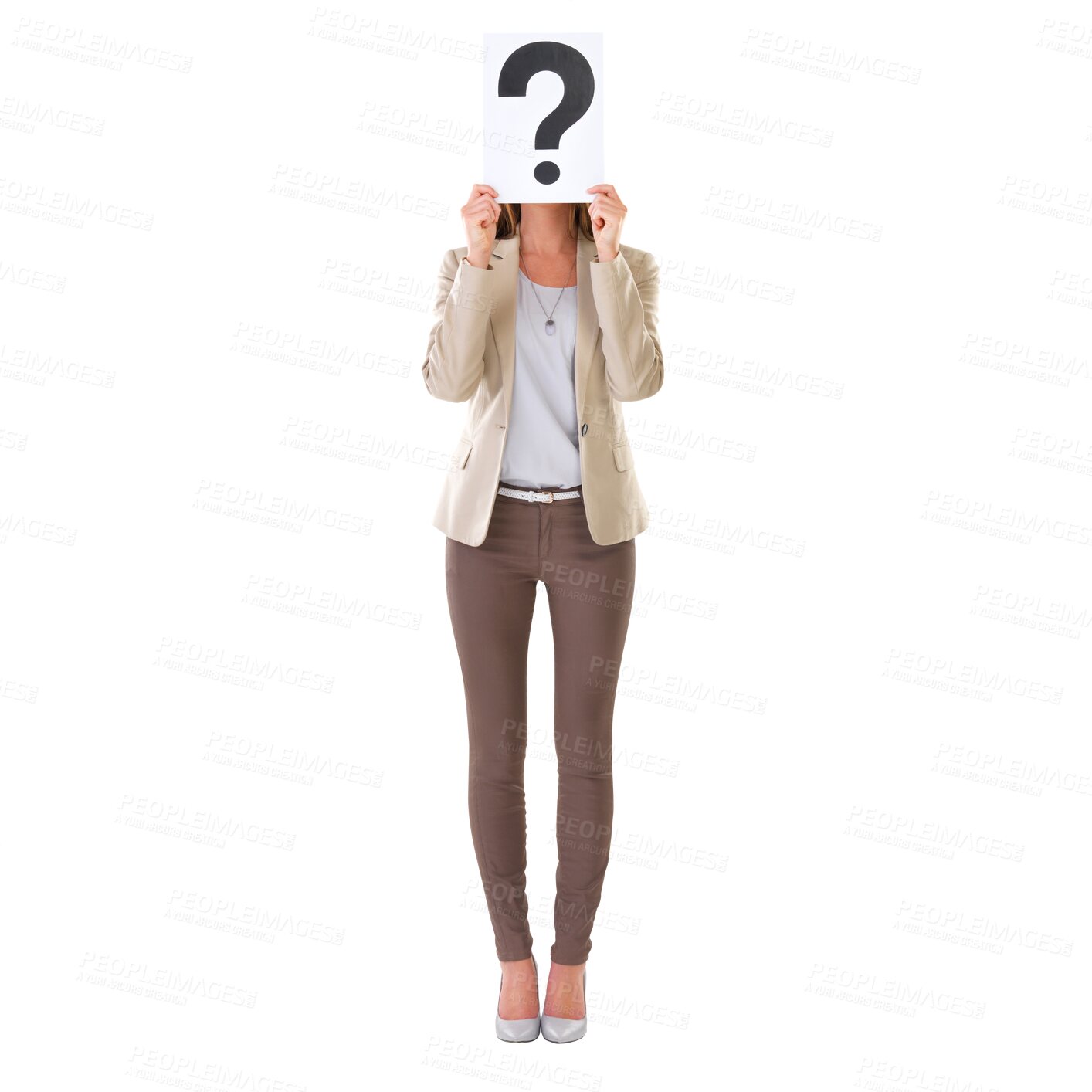 Buy stock photo Question mark, mystery woman with doubt and ask poster isolated on a transparent, png background. Female person, confused emoji for FAQ and thinking paper with interrogation secret and why sign