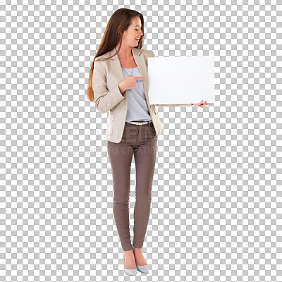 Buy stock photo Banner, pointing and business woman with poster on isolated, PNG and transparent background. Advertising, branding and female person with billboard for announcement, information and presentation