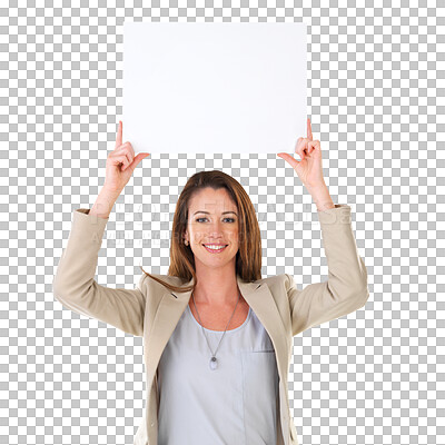 Buy stock photo Poster, billboard and portrait of business woman on isolated, PNG and transparent background. Branding logo, advertising and happy female person with banner for announcement, news and information