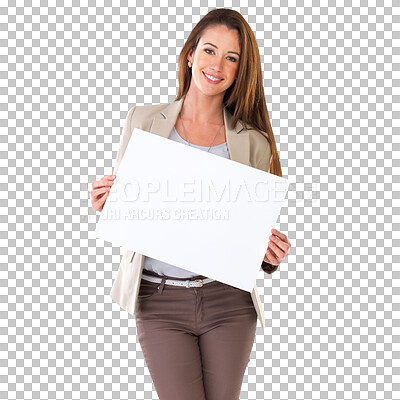 Buy stock photo Portrait, advertising and business woman with poster on isolated, PNG and transparent background. Professional, branding and happy female person with feedback for announcement, news and information