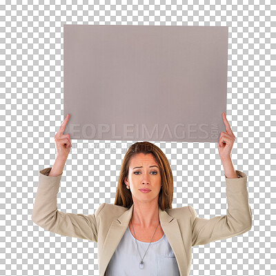 Buy stock photo Billboard, portrait and business woman doubt, presenting and confused with promo choice, advertising or banner message. Decision, text and professional person isolated on transparent, png background