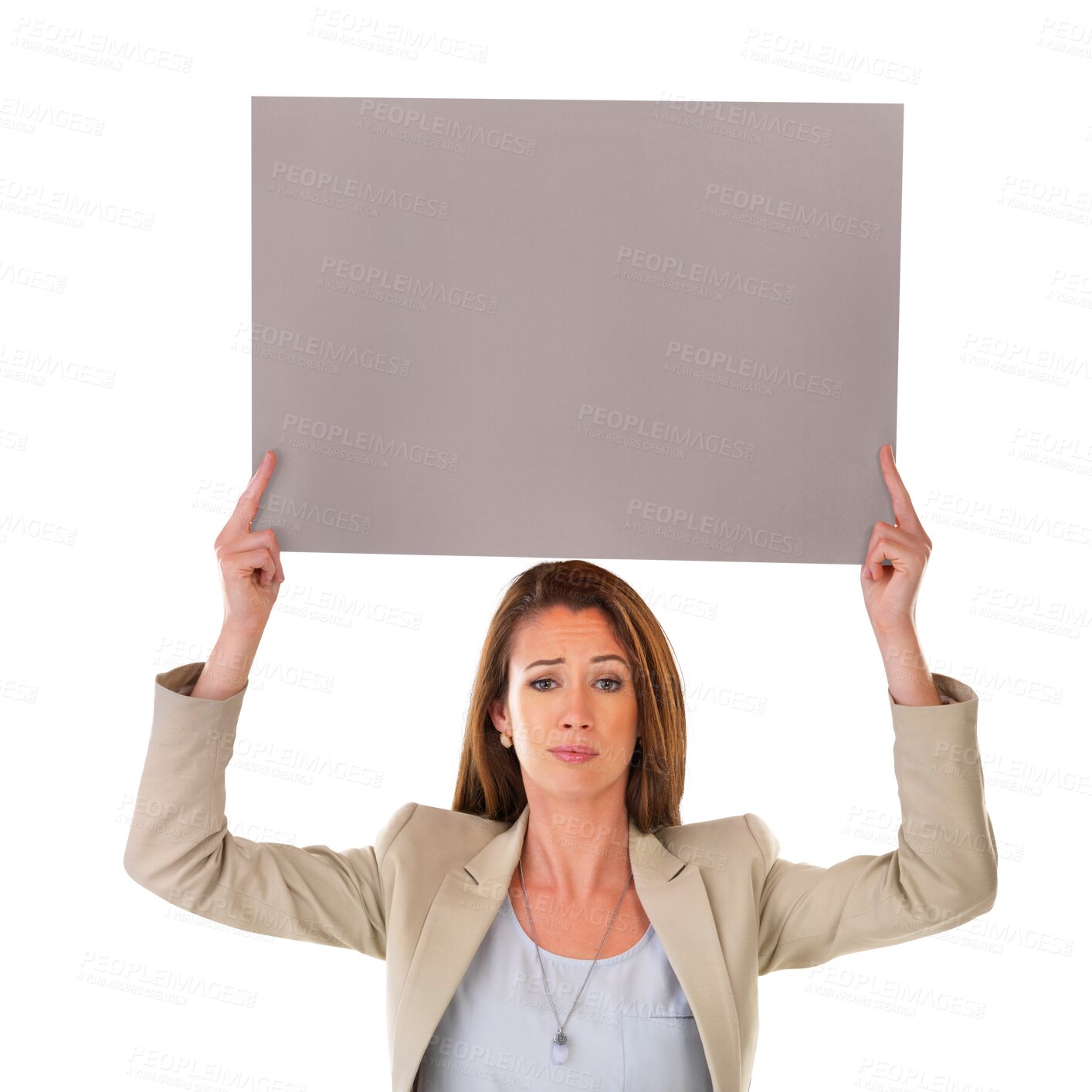 Buy stock photo Billboard, portrait and business woman doubt, presenting and confused with promo choice, advertising or banner message. Decision, text and professional person isolated on transparent, png background