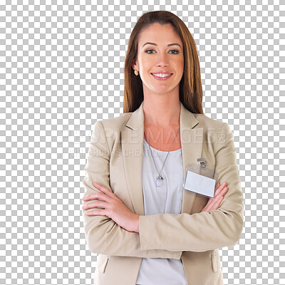 Buy stock photo Business, portrait and happy woman with name tag and arms crossed on isolated, transparent or png background. Face, smile and lady person with ID, card or badge for security, access or identification