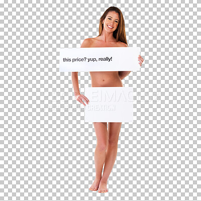 Buy stock photo Naked, poster cover up and woman portrait with deal isolated on a transparent, png background. Mockup, blank space and price board with a young female with smile and marketing sign with billboard