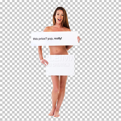 Buy stock photo Nude, blank advertisement poster and woman portrait isolated on a transparent, png background. Mockup, deal space and price board with a young female with smile and marketing sign with billboard