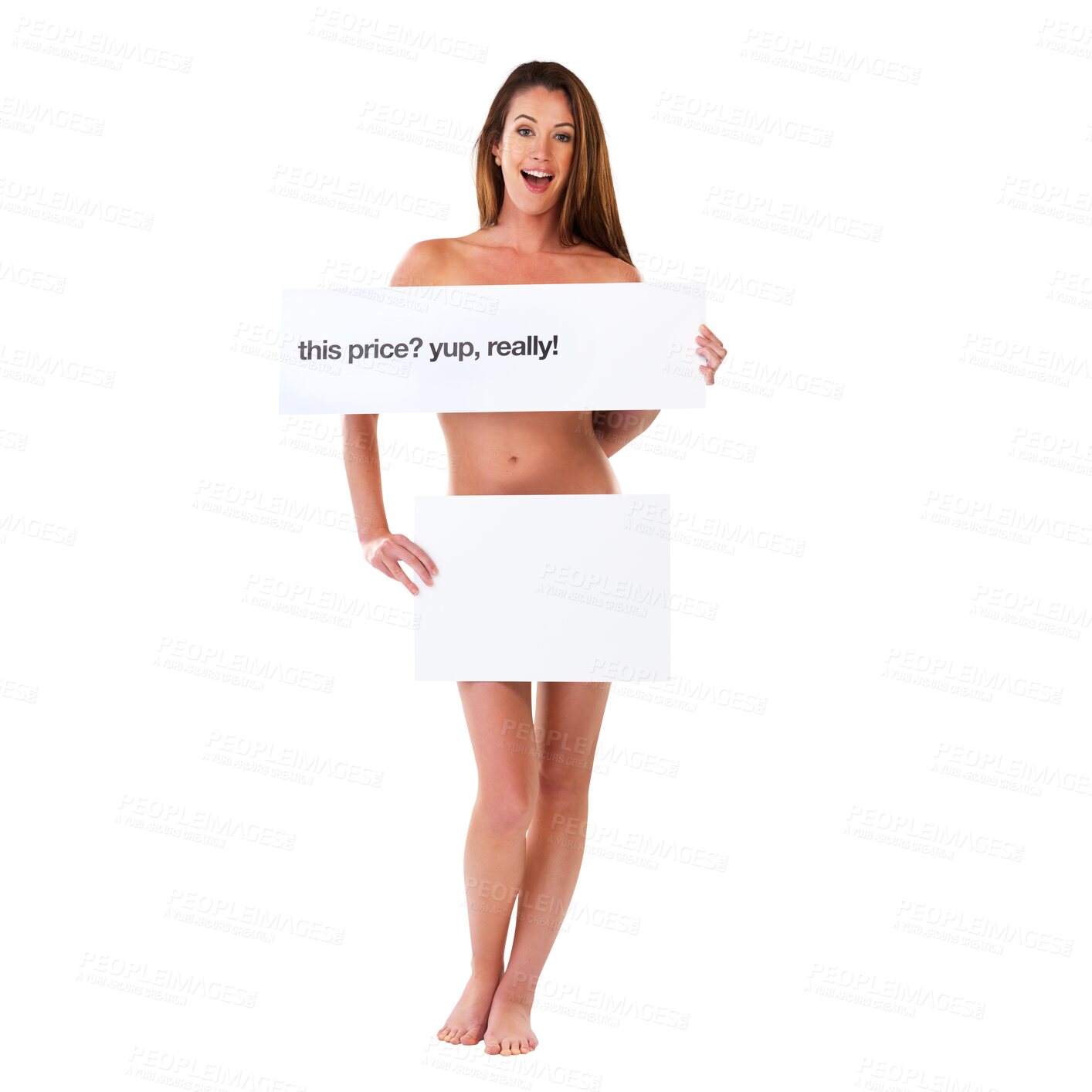 Buy stock photo Nude, blank advertisement poster and woman portrait isolated on a transparent, png background. Mockup, deal space and price board with a young female with smile and marketing sign with billboard