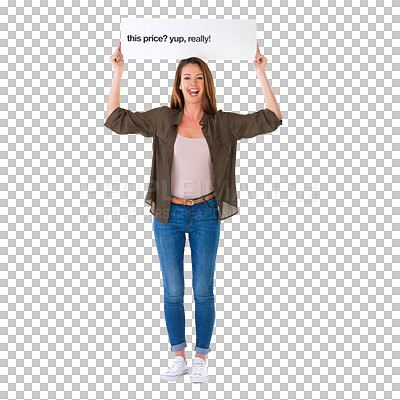 Buy stock photo Price poster, promotion portrait and happy woman with commercial banner, sales board or fashion ad placard. Billboard sign info, news information and person isolated on transparent, png background