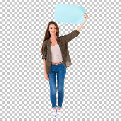 Buy stock photo Social media, portrait and happy woman with speech bubble for opinion, info sign or brand advertising poster. Contact, voice communication and person feedback isolated on transparent, png background