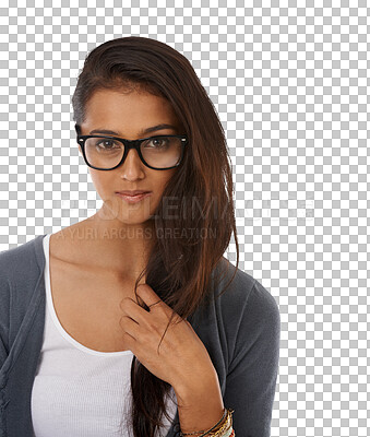 Buy stock photo Glasses, woman and portrait with confidence and eyecare isolated on transparent, png background. Young, female Indian person and beautiful with trendy fashion, modern spectacles and face accessory